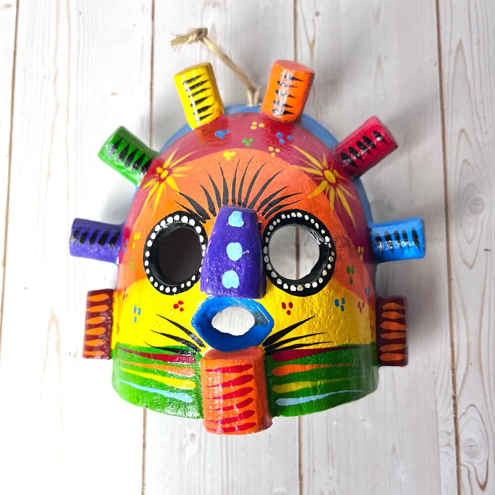Aya Huma Mask Artisan Crafted Carved Wood Ecuador Bright Colors Rainbow 4.5"
